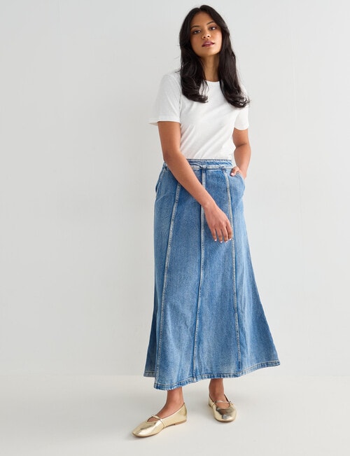 Denim Republic Panelled Maxi Denim Skirt, Mid Blue product photo View 03 L