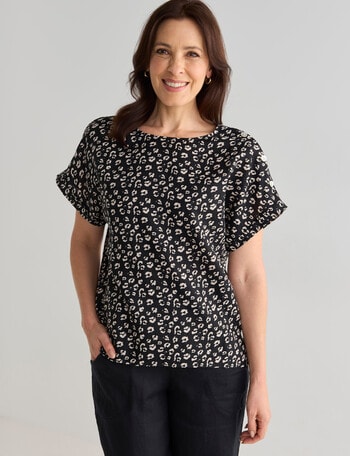 Ella J Linen Animal Print Shell Top, Black product photo