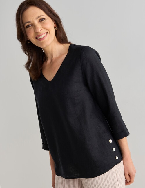 Ella J Linen Button Top, Black product photo