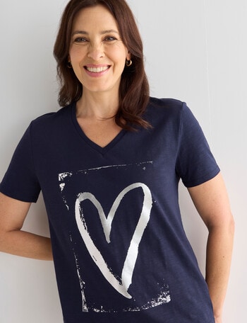 Ella J Heart Foil Print V-Neck Short Sleeve Tee, Navy product photo