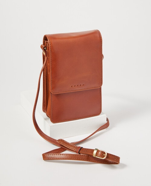 Carte Leather Foldover Crossbody Bag, Tan product photo