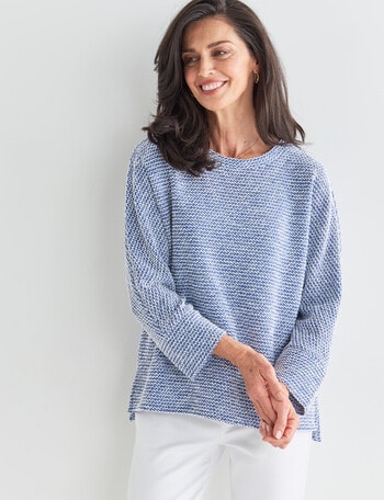 Ella J Batwing Textured Top, Blue & White product photo