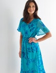 Ella J Printed Fluted Sleeve Dress, Aqua product photo