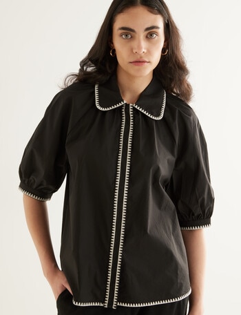 State of play Iona Embroidered Poplin Top, Black product photo