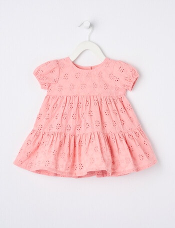 Teeny Weeny Short Puff-Sleeve Embroidery Anglaise Tiered Dress, Melon product photo