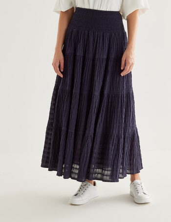 Whistle Shirred Midi Tiered Waist Skirt, Navy product photo