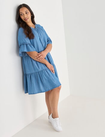 Whistle Ruffle Sleeve Knee Length Dress, Chambray product photo