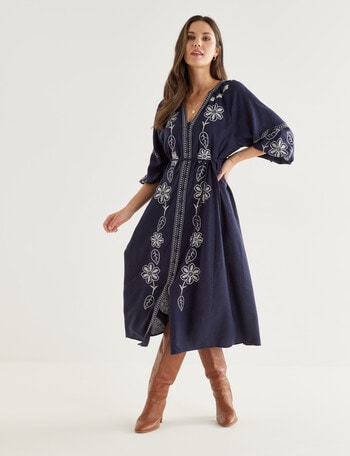 Whistle Embroidered 3/4 Sleeve Shirt Dress, Navy product photo