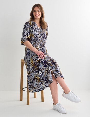 Whistle Leaf Print Tie Waist Shirt Dress, Navy product photo