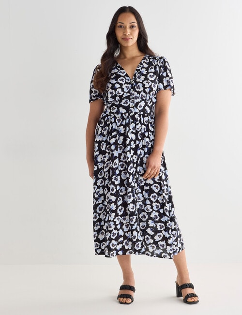 Whistle Floral Pansy Print Short Sleeve Tea Dress, Black product photo