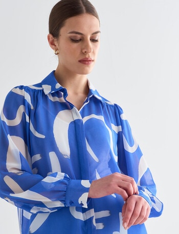 Whistle Printed Fashion Long Sleeve Blouse, Blue Abstract product photo