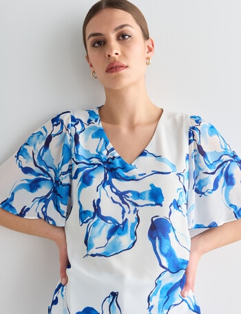 Whistle Shell V-Neck Flutter Sleeve Top, Abstract Floral product photo
