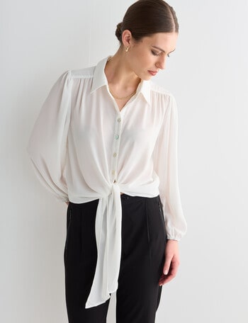 Whistle Tie Front 3/4 Sleeve Blouse, Ivory product photo
