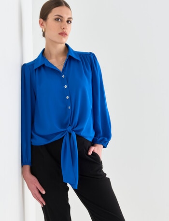 Whistle Tie Front 3/4 Sleeve Blouse, Vivid Blue product photo