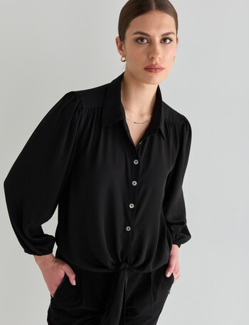 Whistle Tie Front 3/4 Sleeve Blouse, Black product photo