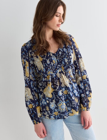 Whistle Paisley Long Sleeve V-Neck Top, Navy product photo