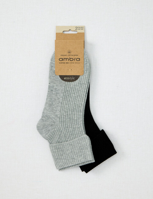 Ambra Cuffed Rib Crew Sock, 2- Pack, Black & Grey Marle product photo View 02 L