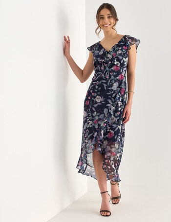 Harlow Floral Ruffle Short Sleeve Midi Dress, Navy product photo