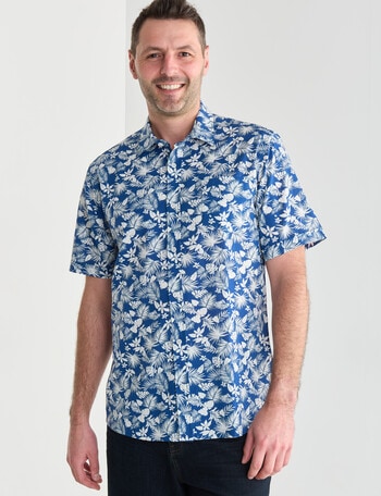 Chisel Palm Slub Print Short Sleeve Shirt, Denim Blue product photo