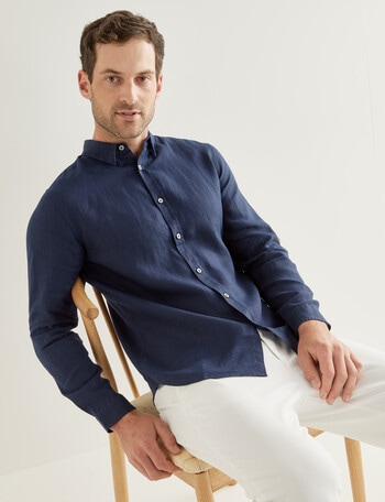 Gasoline Solid Linen Long Sleeve Shirt, Slate product photo