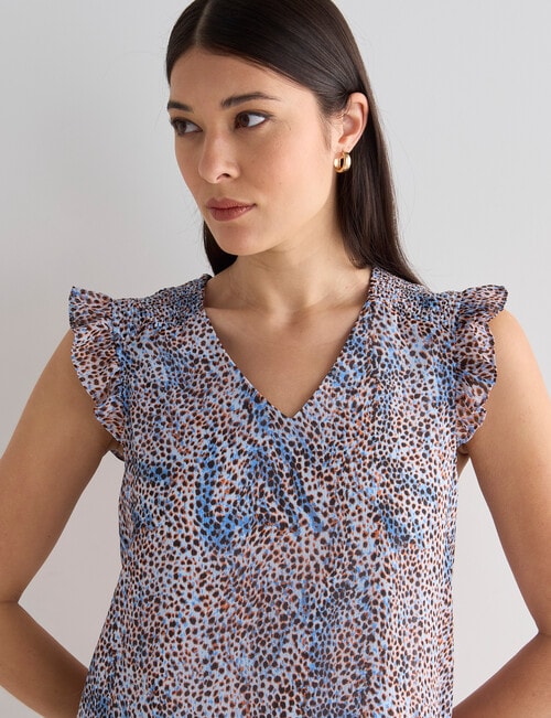 Oliver Black Animal Print V-Neck Short Sleeve Flutter Top, Blue product photo