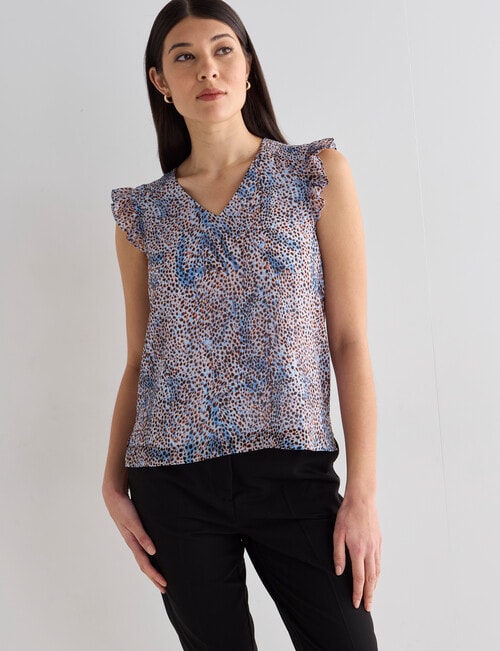 Oliver Black Animal Print V-Neck Short Sleeve Flutter Top, Blue product photo View 05 L