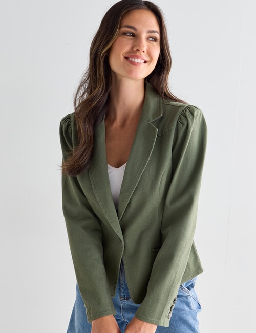 Whistle Long Sleeve Denim Fashion Blazer, Olive product photo