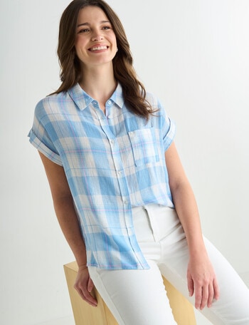 Zest Check Linen Blend Short Sleeve Shirt, Blue product photo