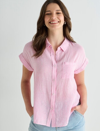 Zest Stripe Linen Blend Short Sleeve Shirt, Pink product photo