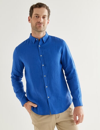 Gasoline Solid Linen Long Sleeve Shirt, Cobalt product photo