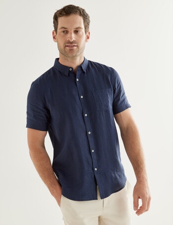 Gasoline Solid Linen Short Sleeve Shirt, Slate product photo