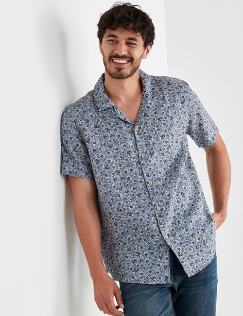 Gasoline Floral Linen Short Sleeve Shirt, Light Blue product photo