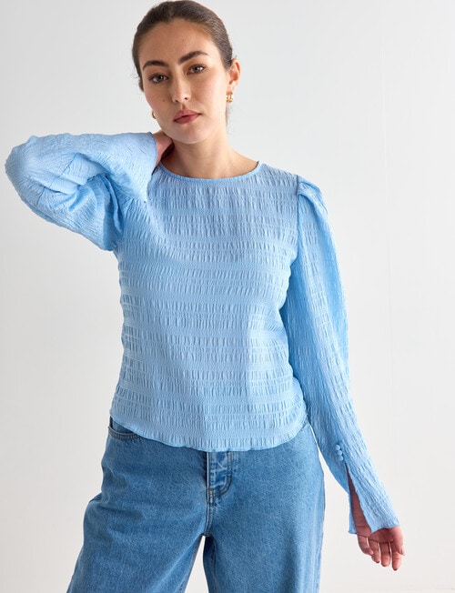 Mineral Tor Shirred Long Sleeve Top, Sky Blue product photo