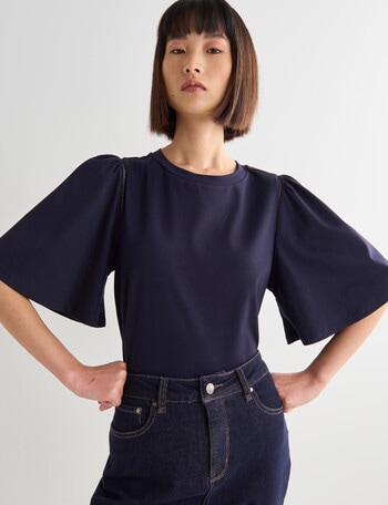 Jigsaw Fi Knit Ruffle Short Sleeve Top, Navy product photo