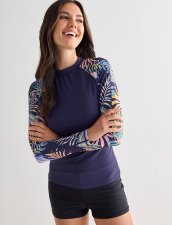 Zest Swimwear Leaf Print Long Sleeve Rashie Top, Navy product photo