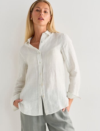 Zest Essential Linen Long Sleeve Shirt, Sage Stripe product photo