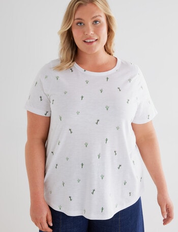 Studio Curve Organic Cotton Cactus Print Scoop Tee, White product photo