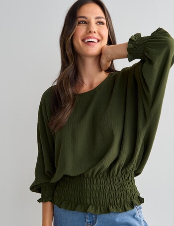 Whistle 3/4 Shirred Hem Top, Olive product photo