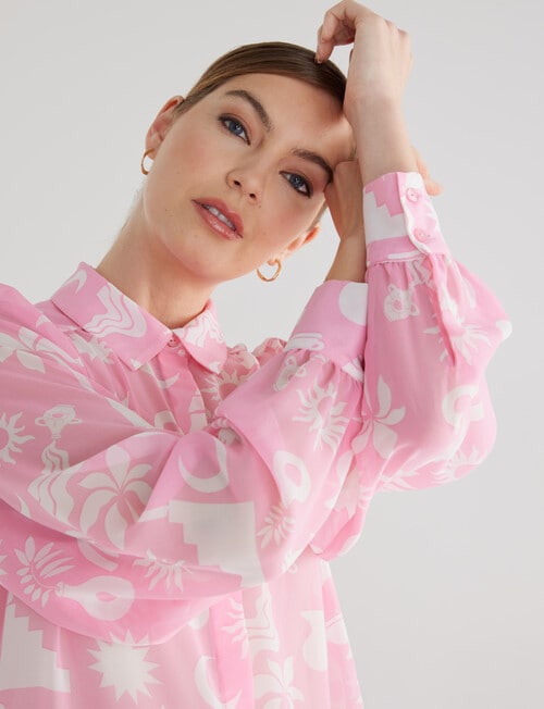 Whistle Tile Print Long Sleeve Fashion Blouse, Pink product photo