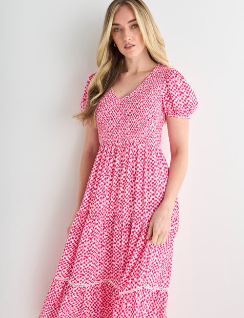 Whistle Short Sleeve V-Neck Shirred Midi Dress, Pink product photo