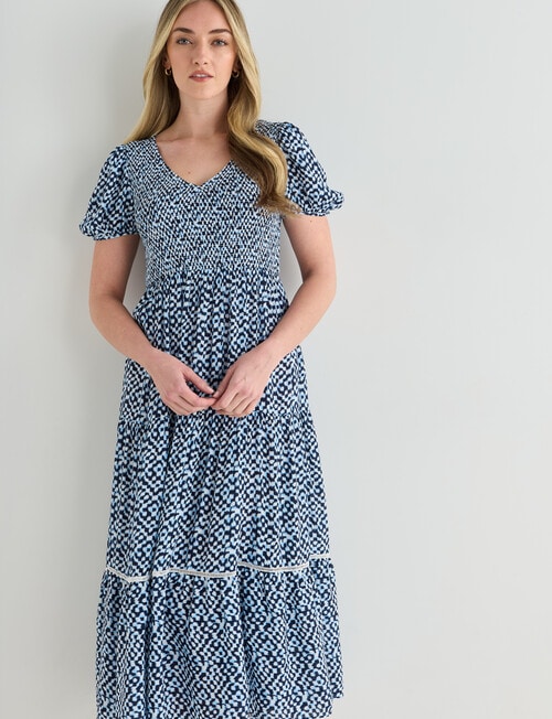 Whistle Short Sleeve V-Neck Shirred Midi Dress, Navy product photo View 03 L