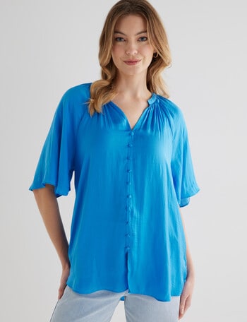 Whistle Satin Button Through V-Neck Top, Azure product photo