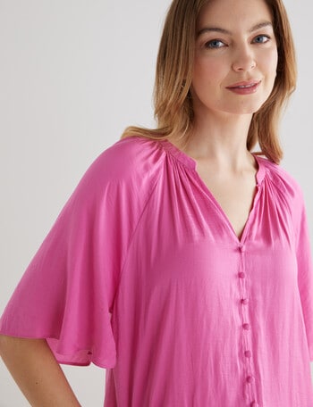 Whistle Satin Button Through V-Neck Top, Fuchsia product photo