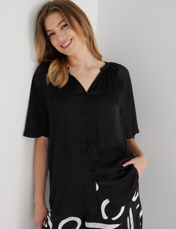 Whistle Satin Button Through V-Neck Top, Black product photo