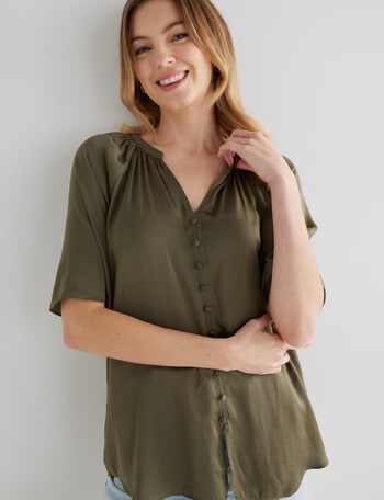 Whistle Satin Button Through V-Neck Top, Olive product photo