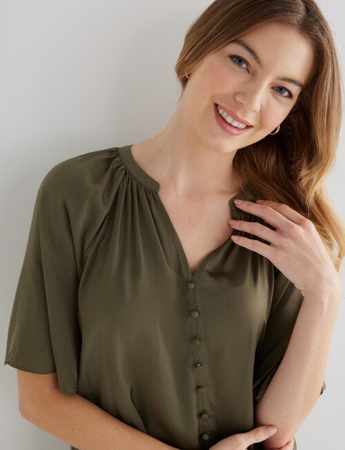 Whistle Satin Button Through V-Neck Top, Olive product photo View 04 L