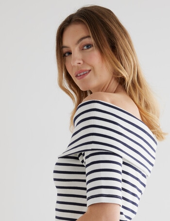 Whistle Stripe Rib Bardot Top, Navy & White product photo