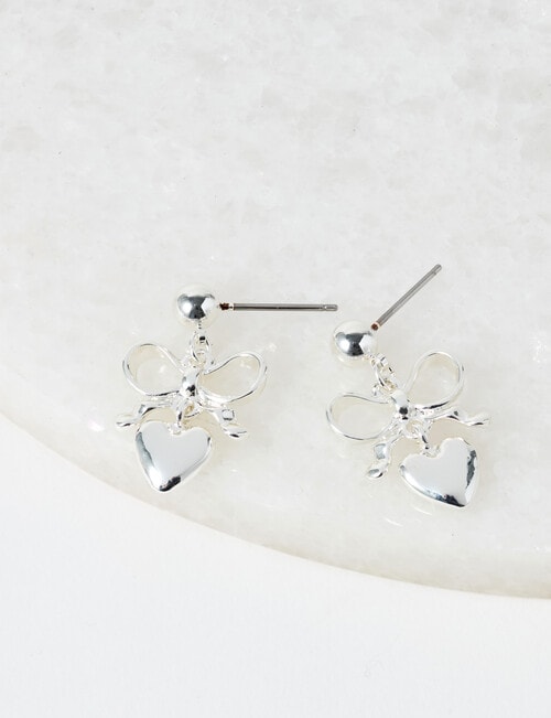 Whistle Accessories Heart + Bow Dangle Earring, Silver Tone product photo View 02 L