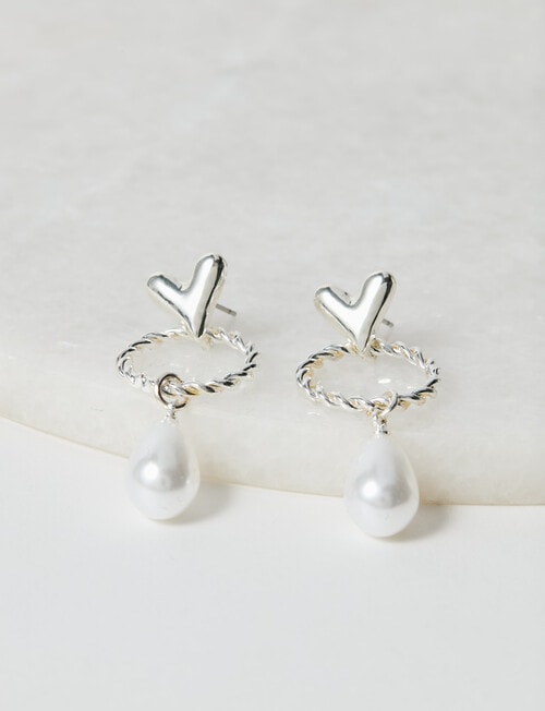 Whistle Accessories Heart & Pearl Dangle Earring, Silver Tone product photo