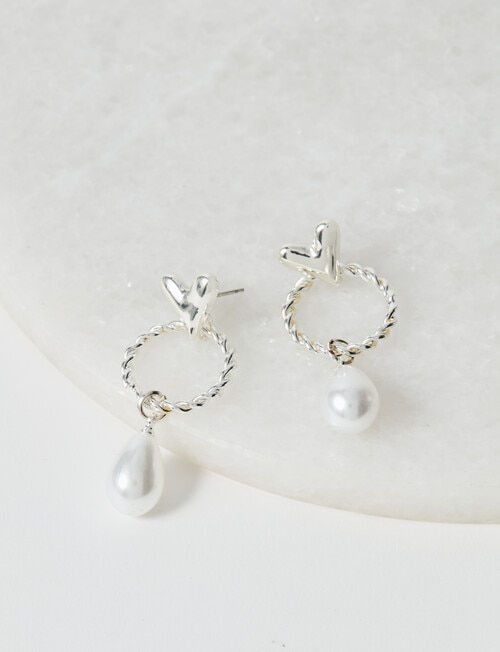 Whistle Accessories Heart & Pearl Dangle Earring, Silver Tone product photo View 02 L